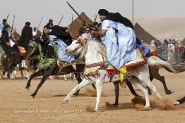 Image du Maroc Professionnelle de  Course typiquement marocaine dite ''la Fantasia'' organisé dans un site désertique sur lequel la ville de Tan Tan a toujours accueilli la majorité des tribus et des grandes familles nomades du désert lors d'un grand moussem, Samedi 24 Mars 2012. (Photo / Abdeljalil Bounhar)

 